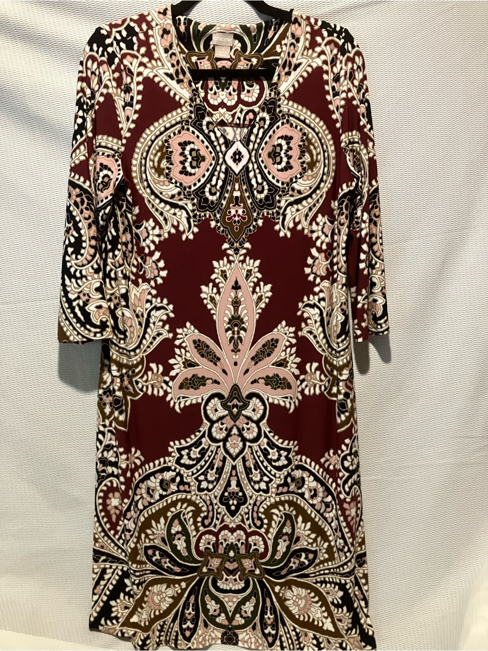 Chico's Burgundy Paisley-Print Long Sleeve Dress
